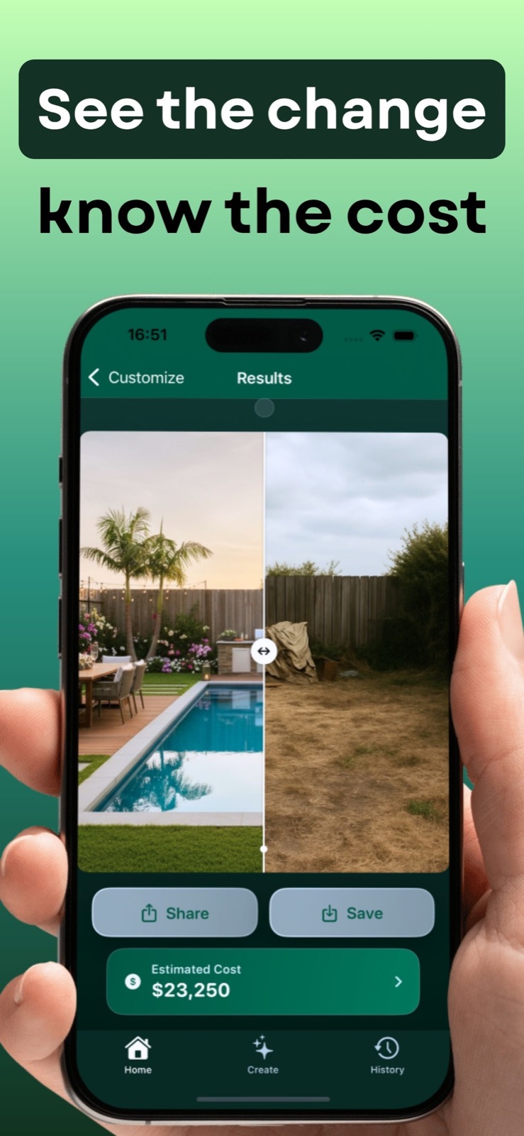 iYard app showing a before and after backyard transformation with an estimated project cost