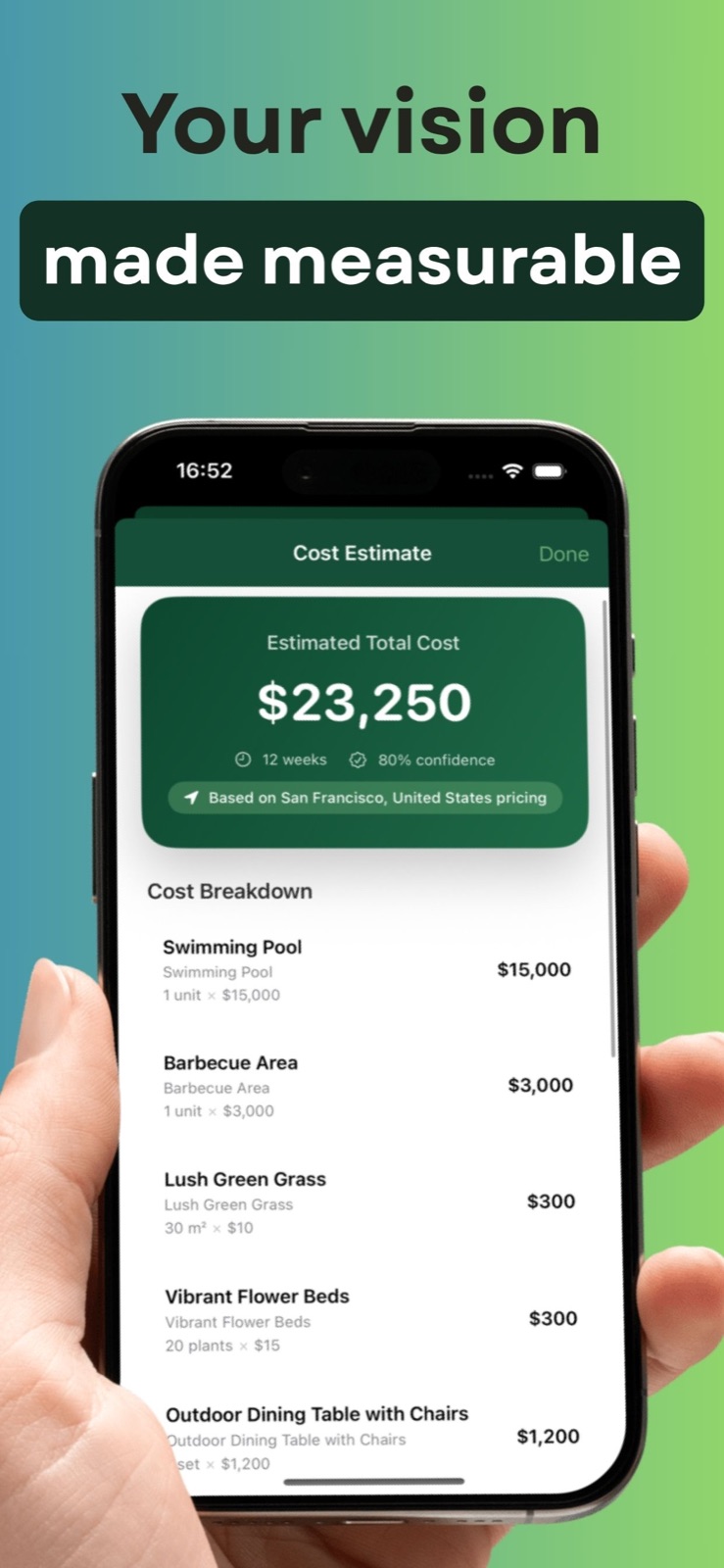 iYard cost estimate screen showing a project total and itemized landscaping costs