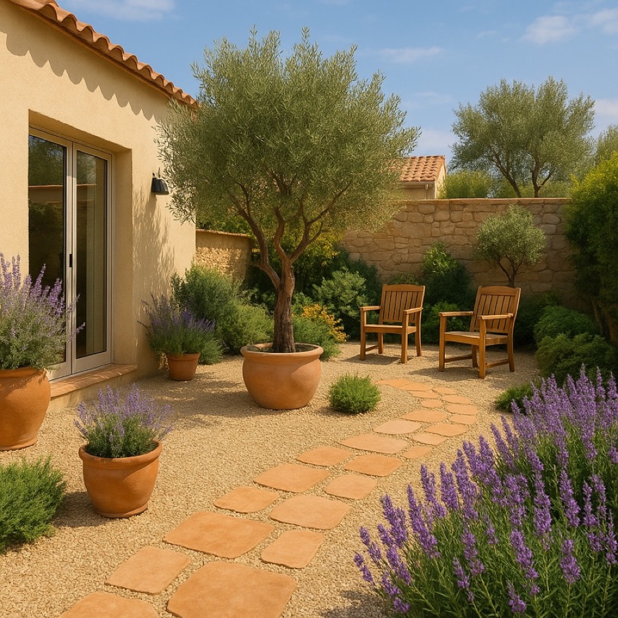 Warm Mediterranean-style yard with stone paving and planting
