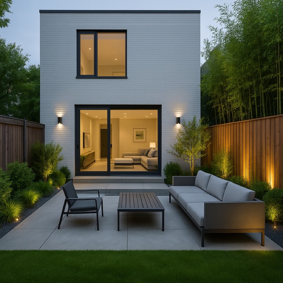 Modern landscape concept with paving, seating, and planting